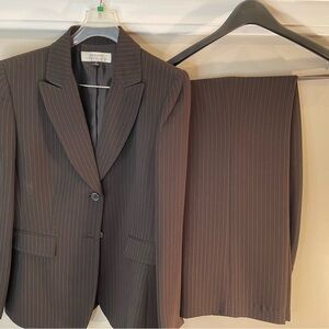 Tahari Brown Pantsuit with Subtle Pinstripes